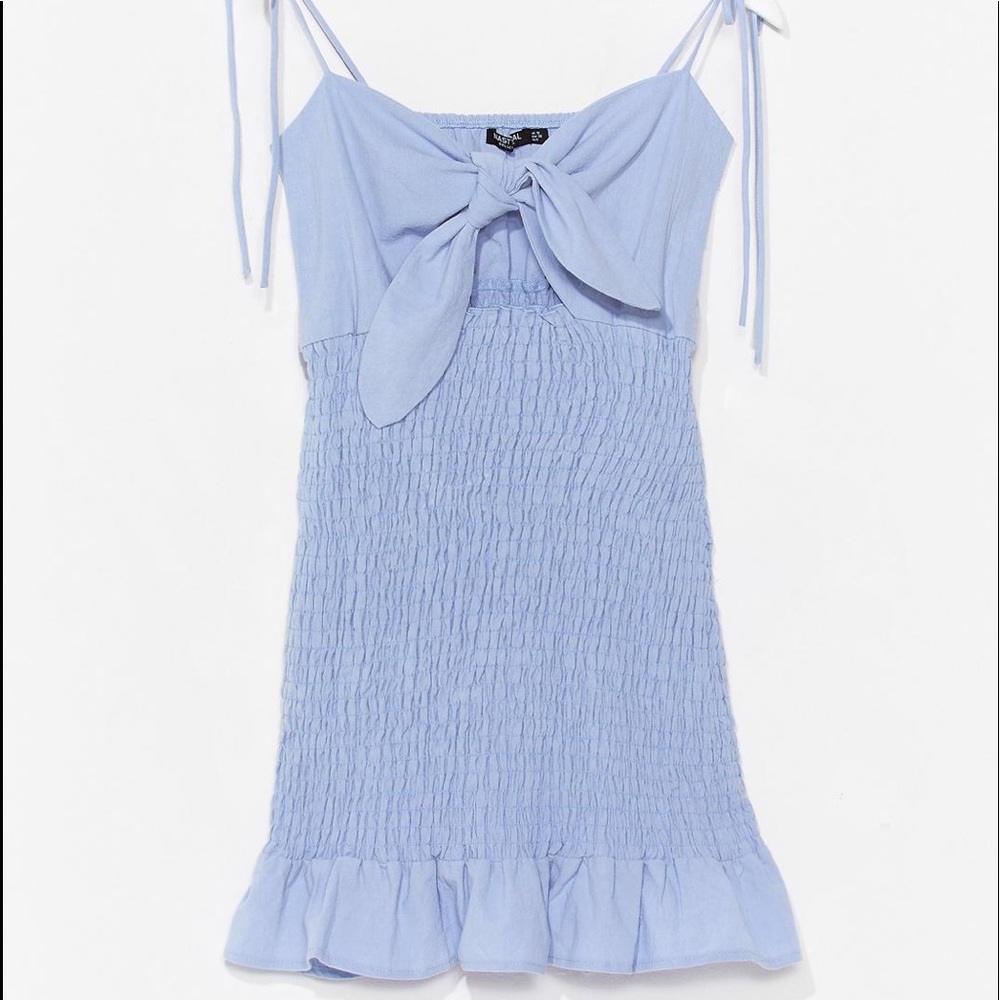 Nasty Gal Shirred Bow Mini Summer Dress Light Blue